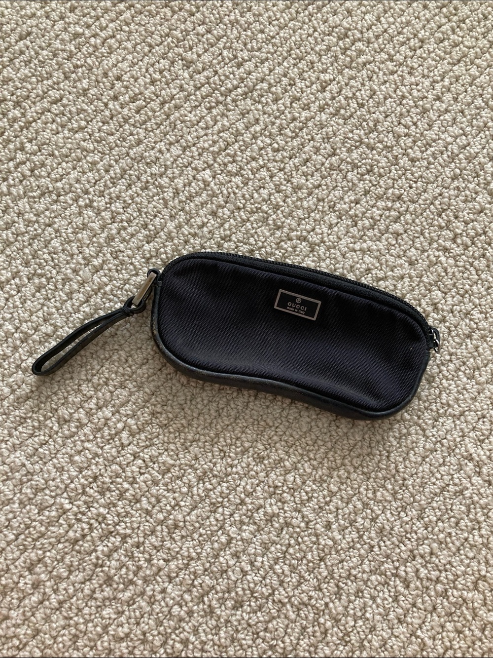 Gucci Black Canvas Zippered Pouch Bag Mini Metal Logo Plate Cosmetic GUC
